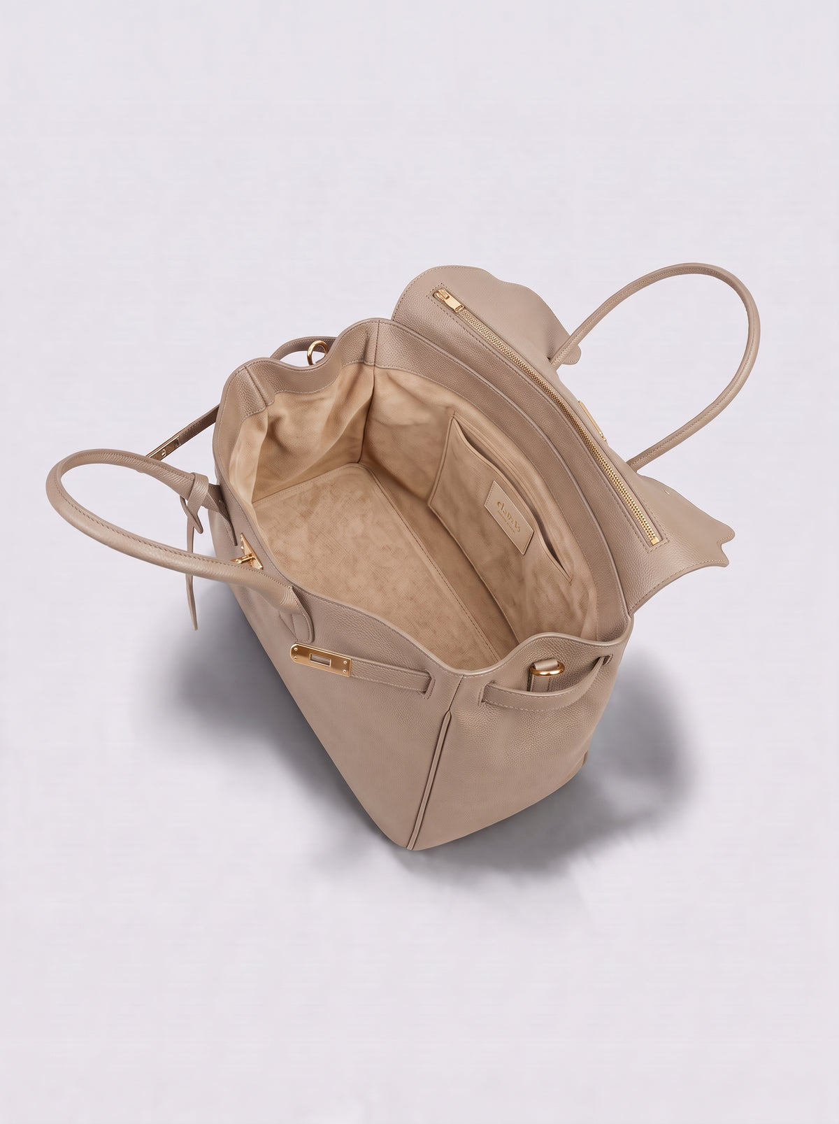 Letizia Light Taupe Calfskin Bag by Clemés – open top-down view of the interior