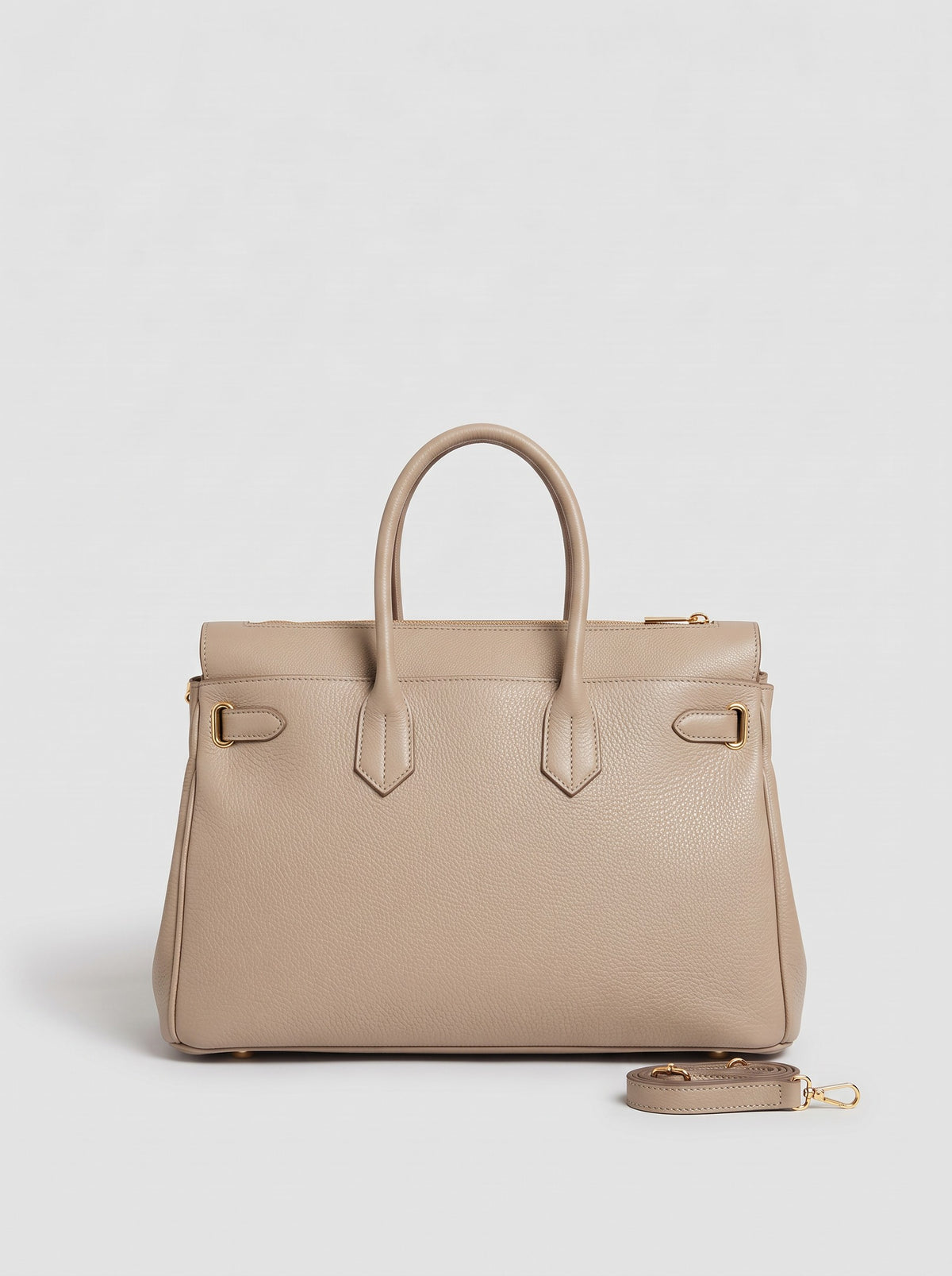 Letizia Light Taupe Calfskin Bag by Clemés – front view with strap beside the bag