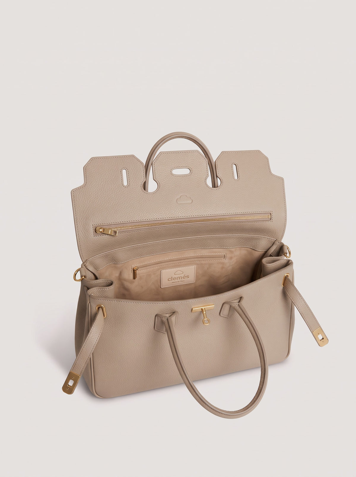 Letizia Light Taupe Calfskin Bag by Clemés – flap open showing the interior