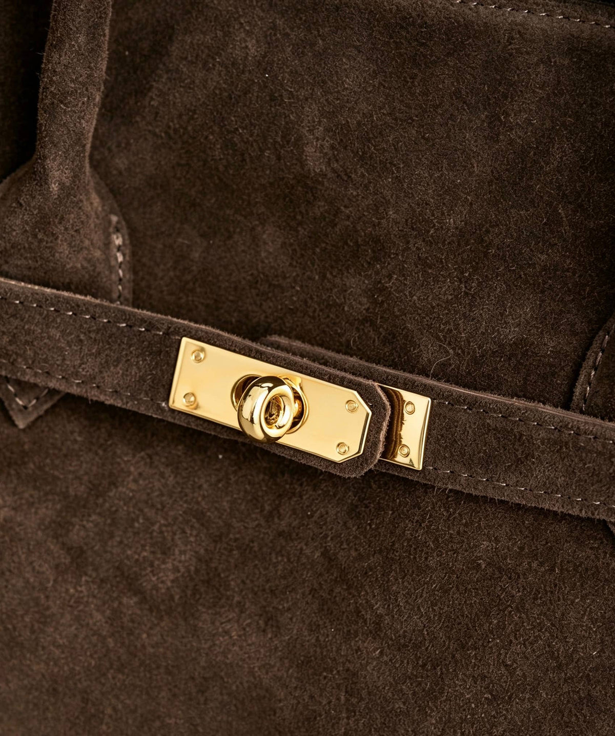 Zoe Suede Tote by Clemés - Dark Brown - gold clasp detail