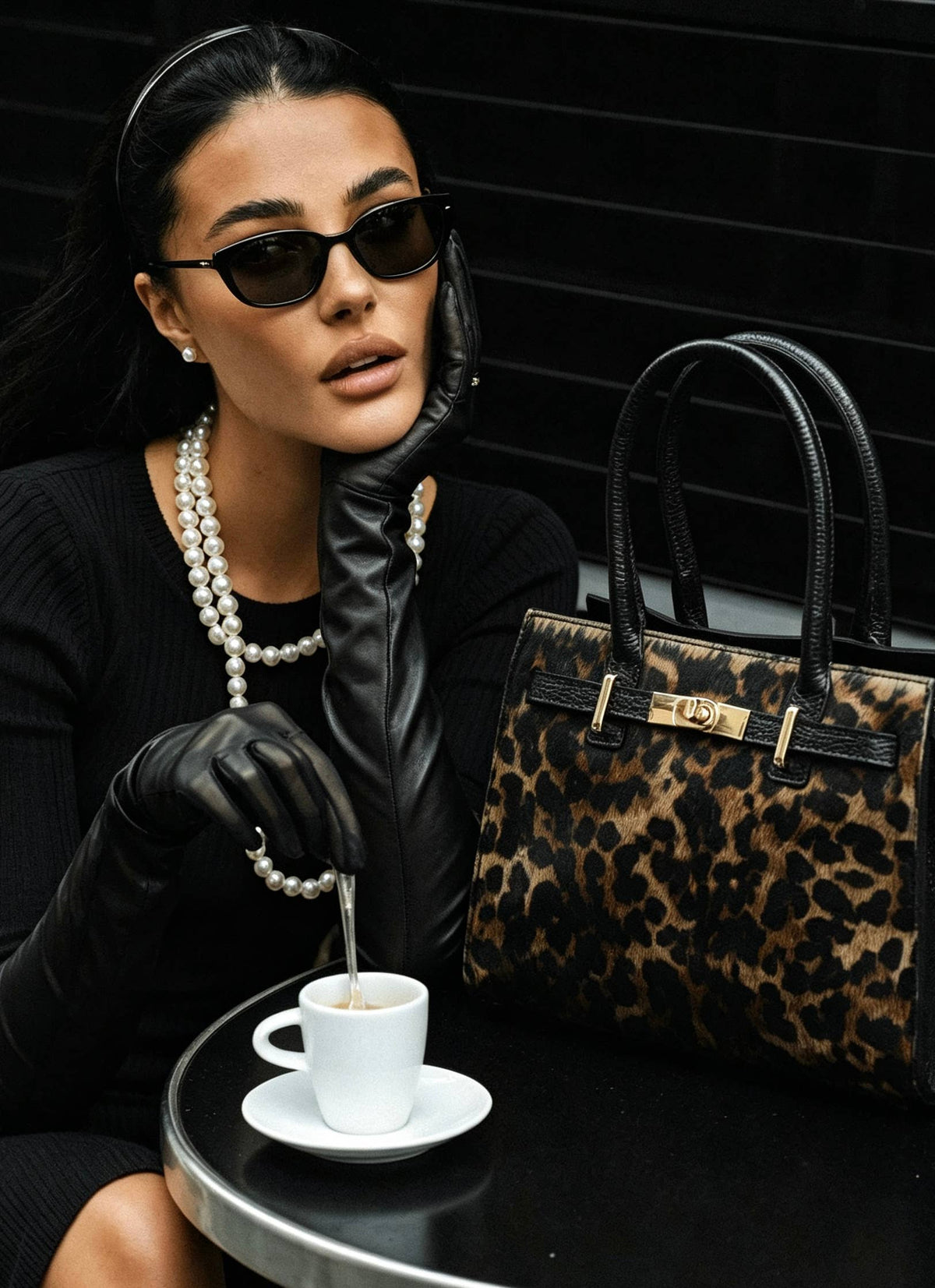 Close-up of a woman dressed in black with the Leonora leopard calf hair bag on a café table