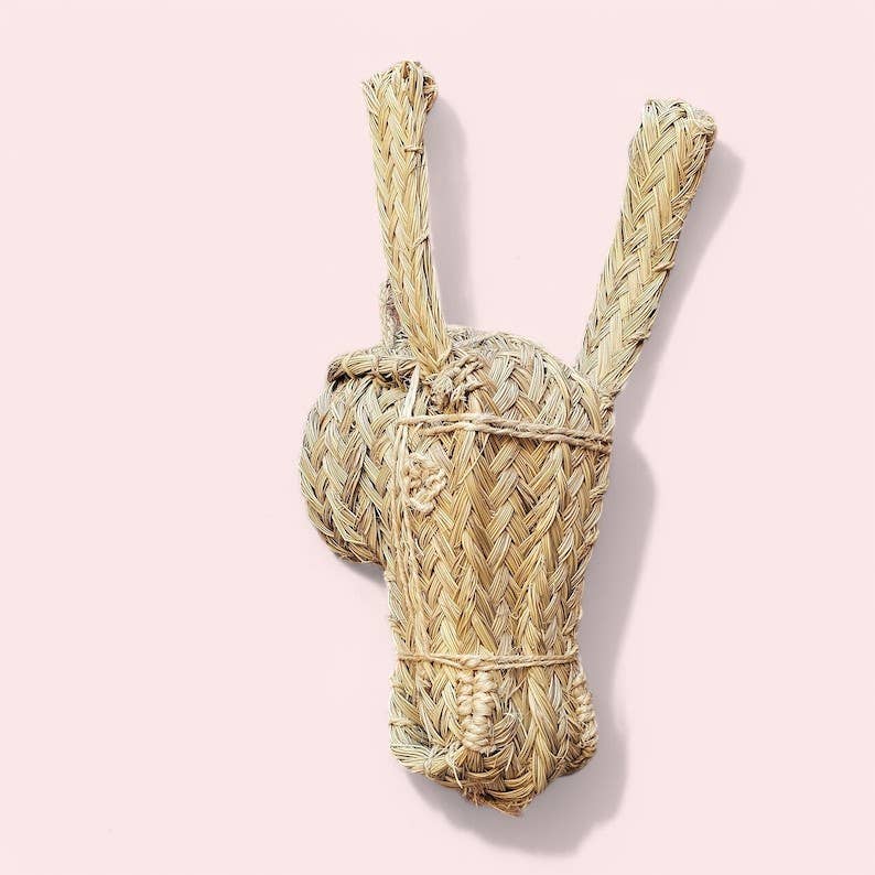 Handwoven Straw Donkey Head Wall Decor –Rustic Animal Trophy