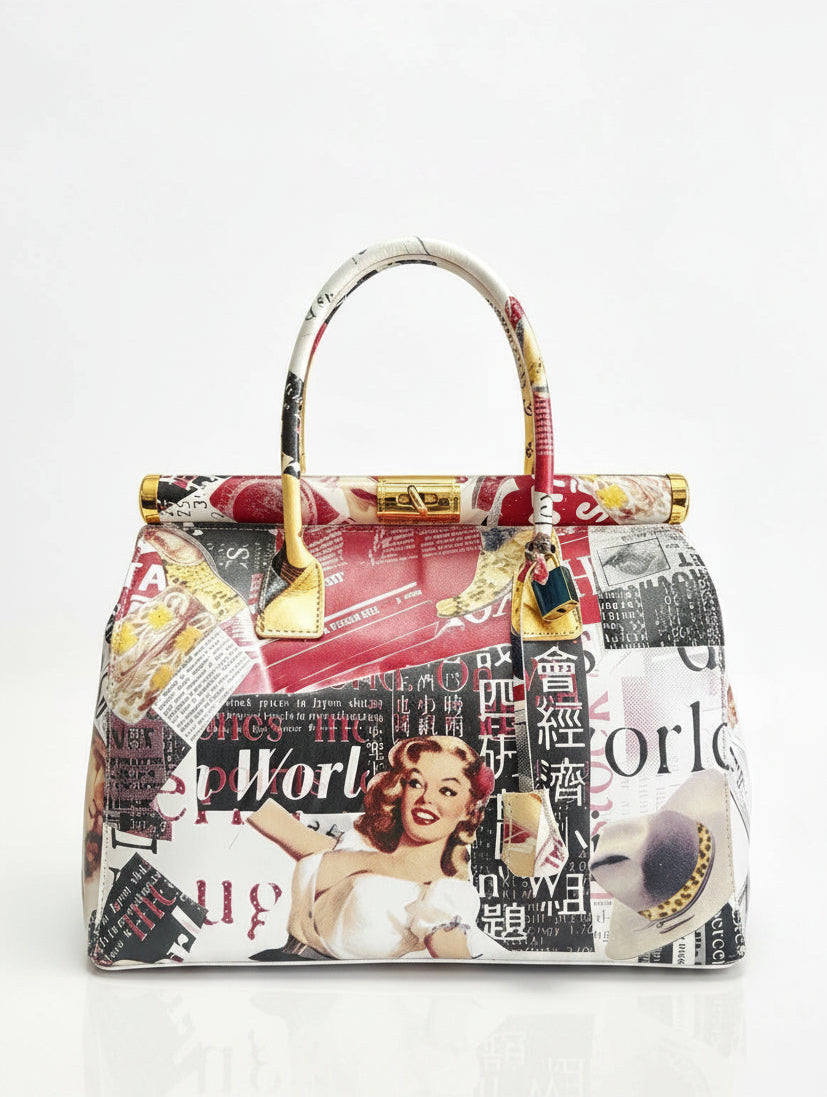 Dalia Journal leather top-handle bag - newsprint collage print
