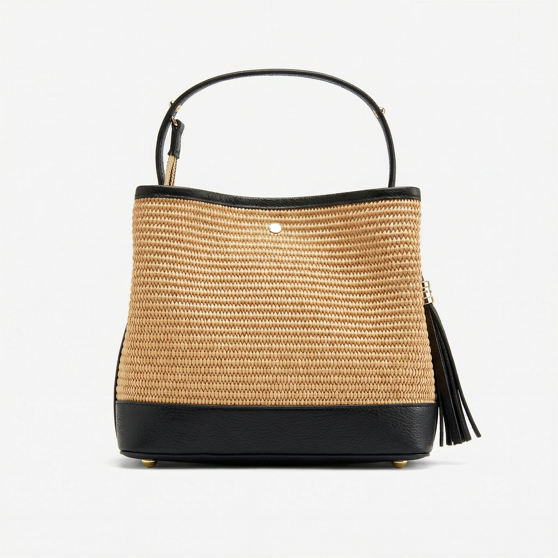 Cosima Raffia & Leather Bag by Clemés in Black, three-quarter studio shot on grey background