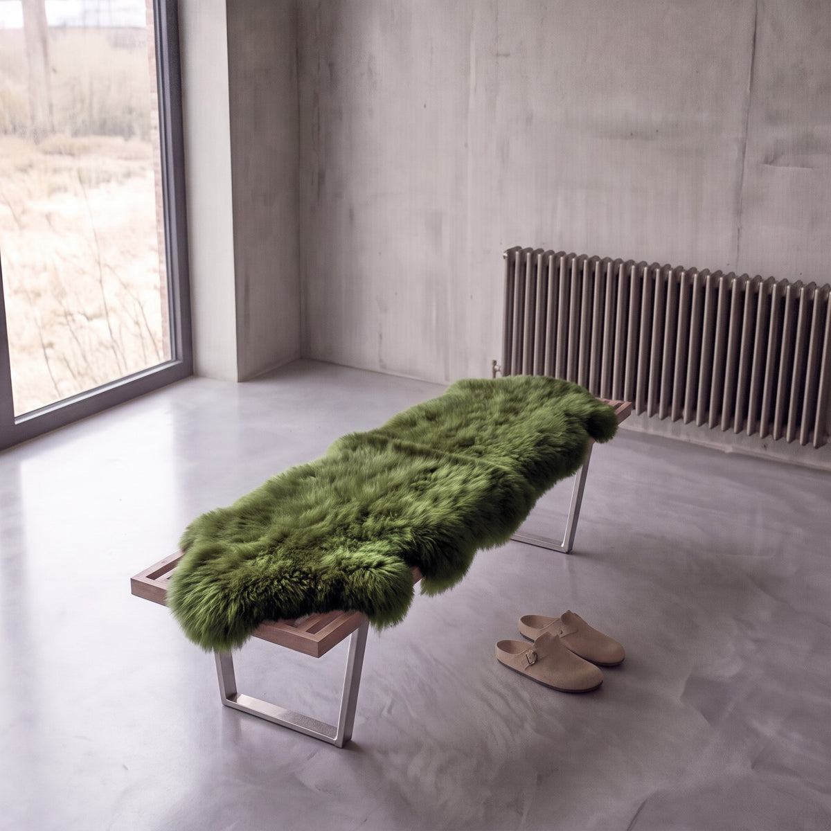 Apple Green double New Zealand sheepskin rug and throw laid on a bench in a minimalist room