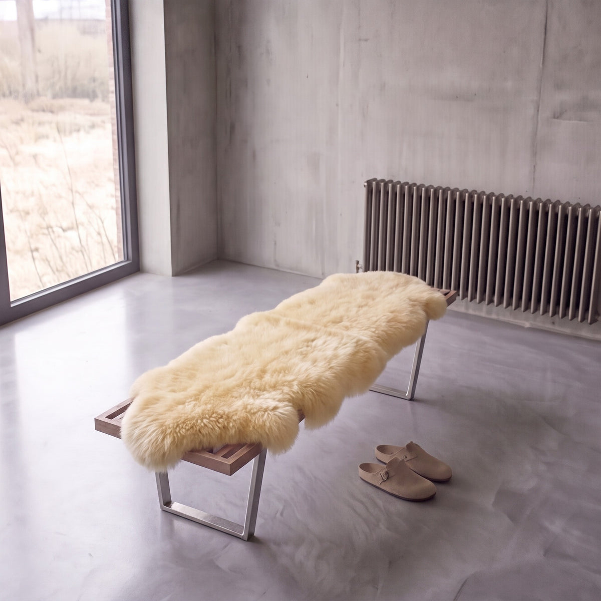 Dusk double New Zealand sheepskin rug and throw laid on a bench in a minimalist room