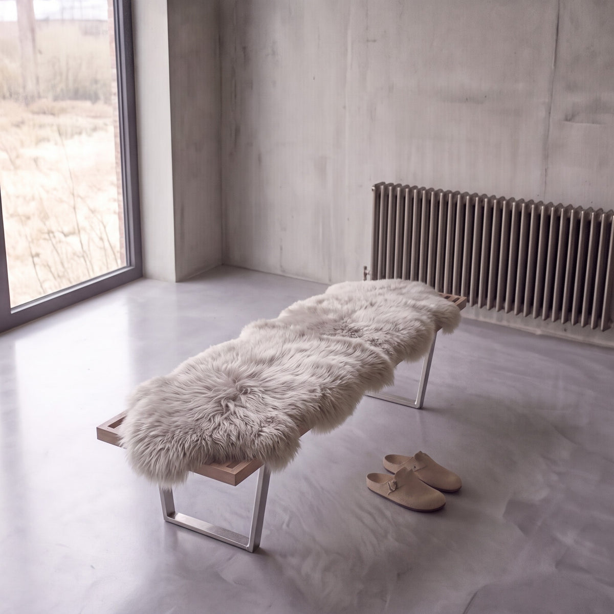 Light Grey double New Zealand sheepskin rug and throw laid on a bench in a minimalist room