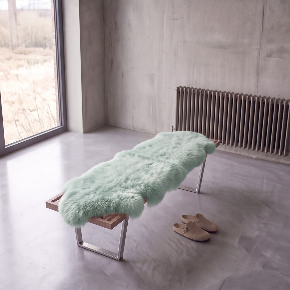 Sage double New Zealand sheepskin rug and throw laid on a bench in a minimalist room