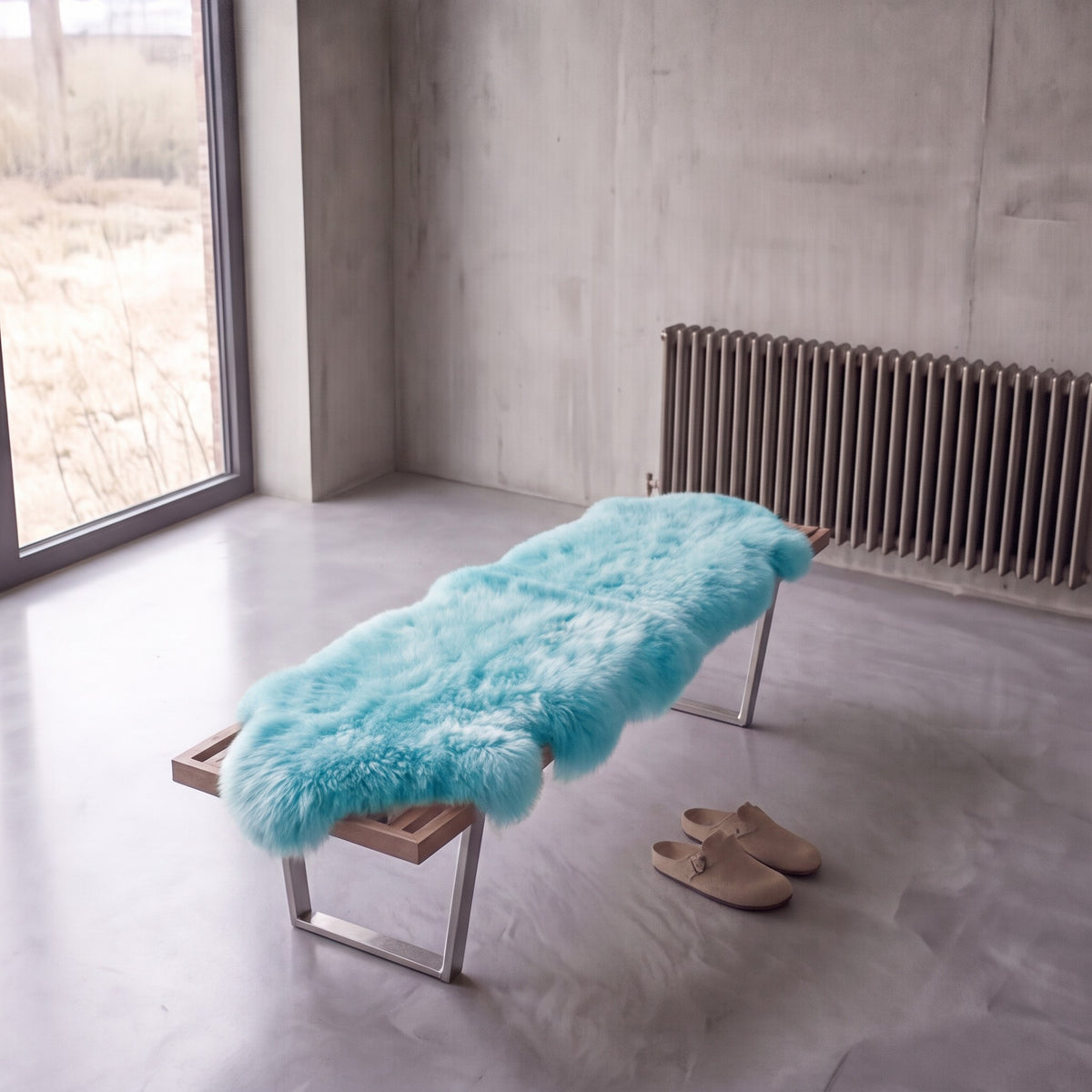 Sea Foam double New Zealand sheepskin rug and throw laid on a bench in a minimalist room