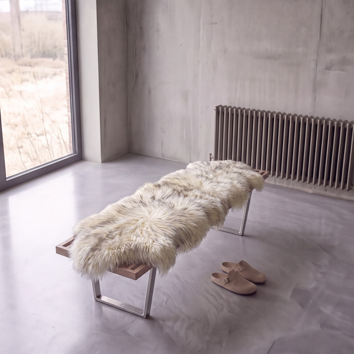 Twilight double New Zealand sheepskin rug and throw laid on a bench in a minimalist room