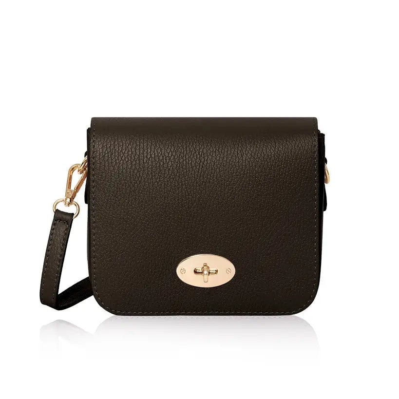 Chiara Leather Crossbody by Clemés in Dark Chocolate, three-quarter studio shot on grey background