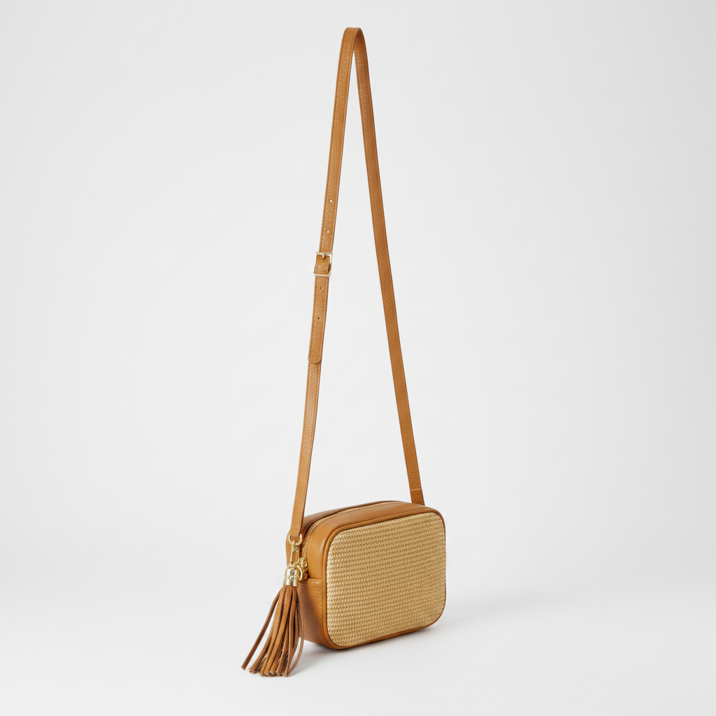 Éloise Raffia & Leather Tassel Camera Crossbody Bag by Clemés