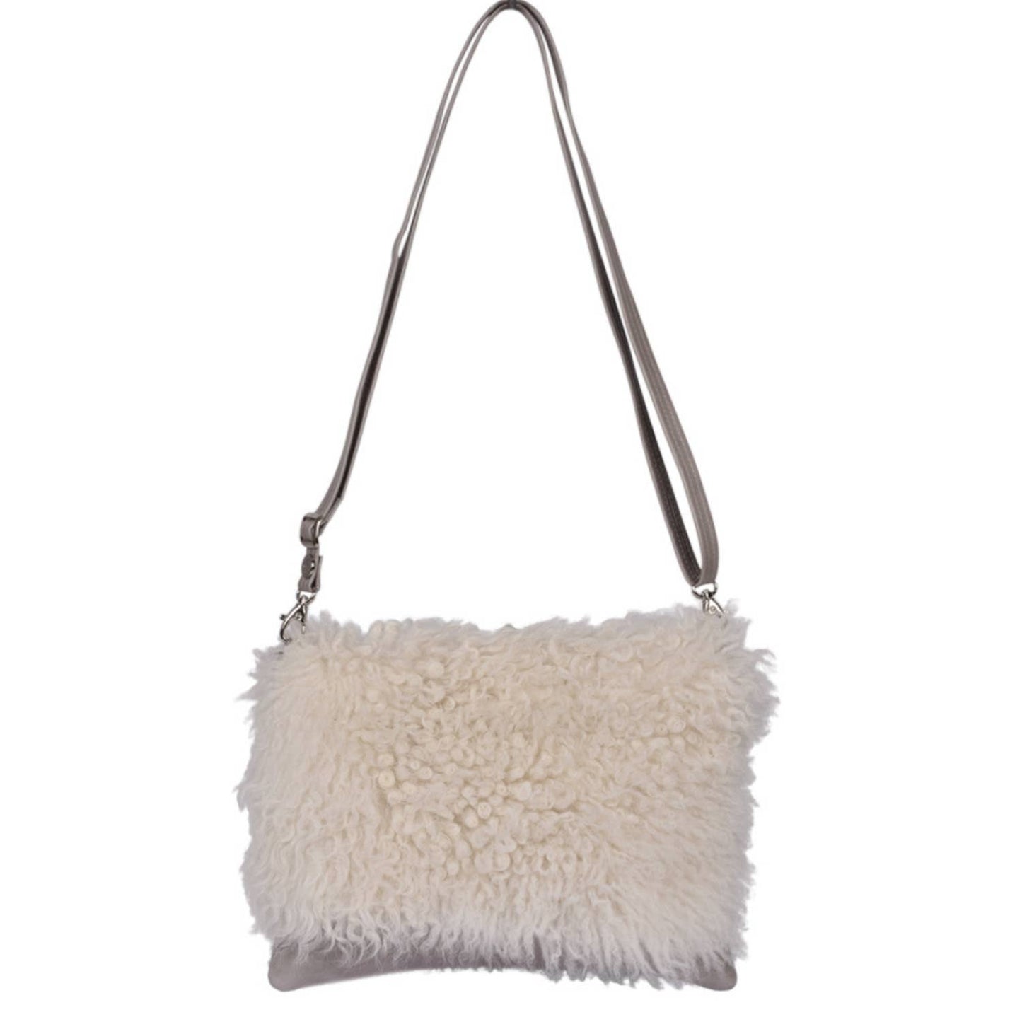 Sheepskin Crossbody Bag Clutch, Ivory and Grey