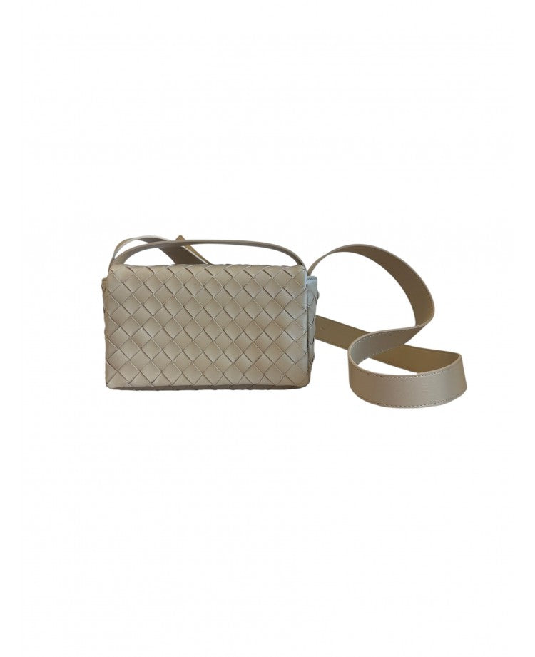 Elettra woven leather crossbody bag by Clemés in Beige, front view with long leather strap