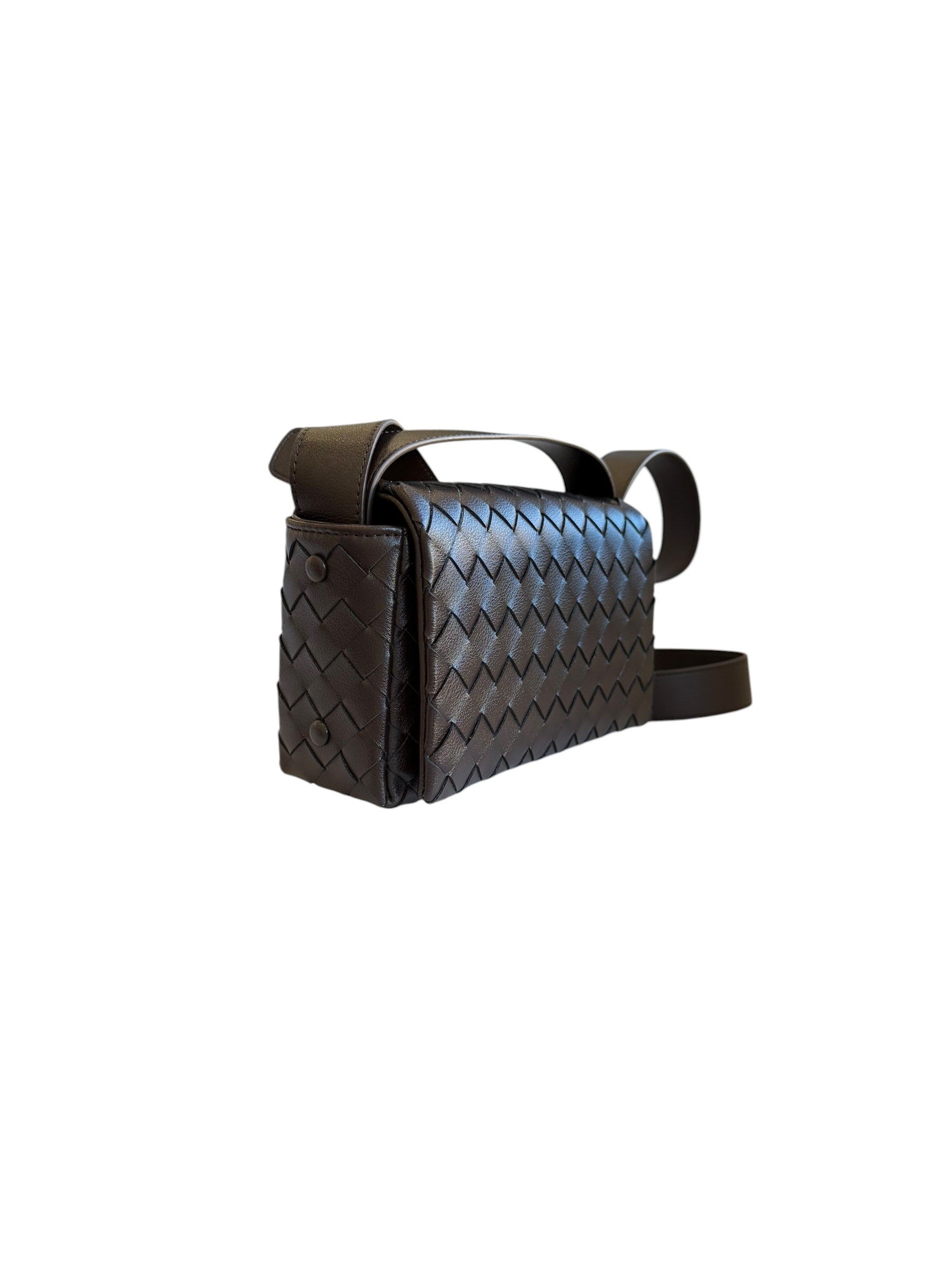 Elettra woven leather crossbody bag rear view showing the woven leather panel and strap