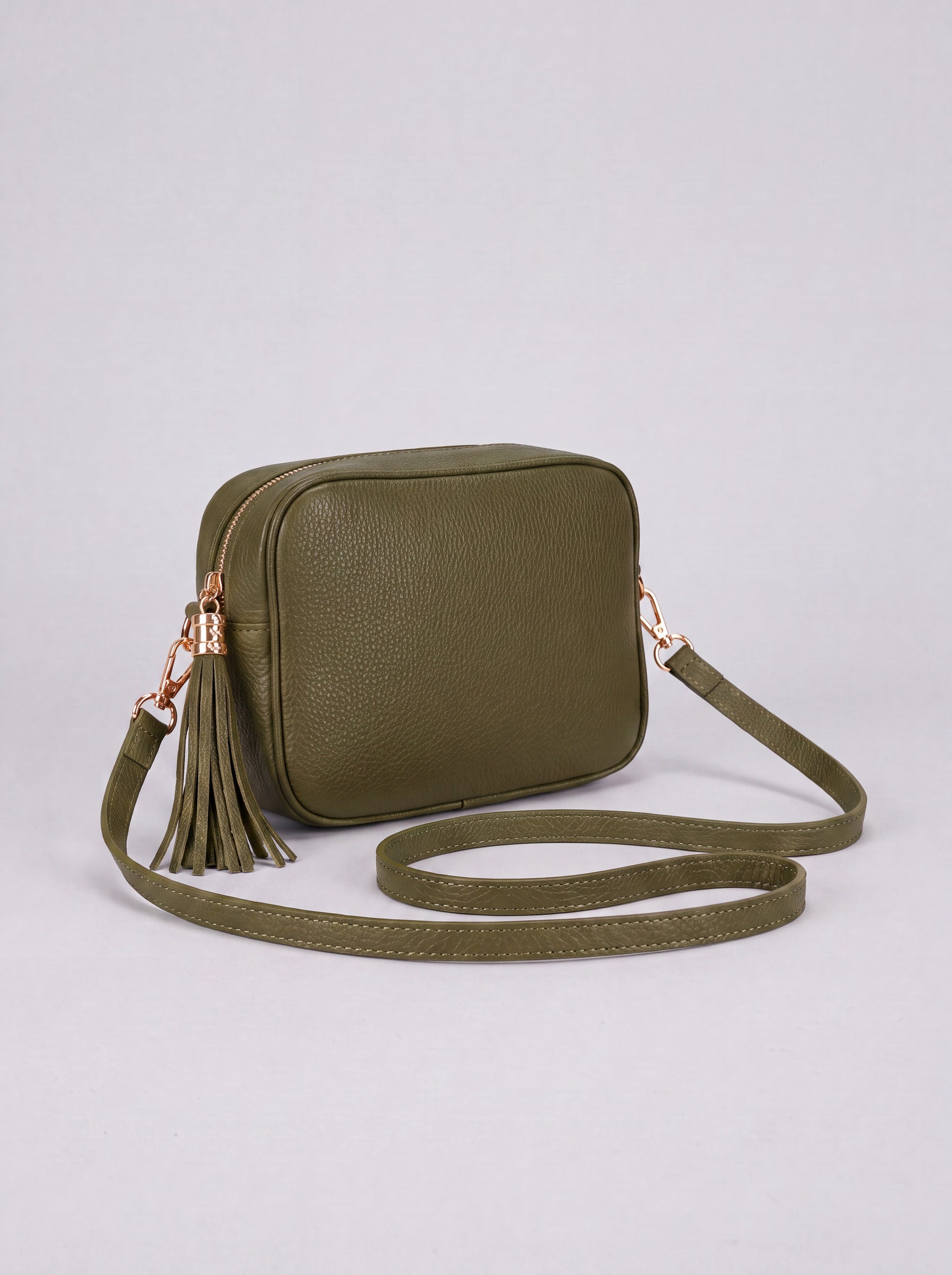 Éloise Leather Tassel Camera Bag by Clemés in Olive — studio product photo