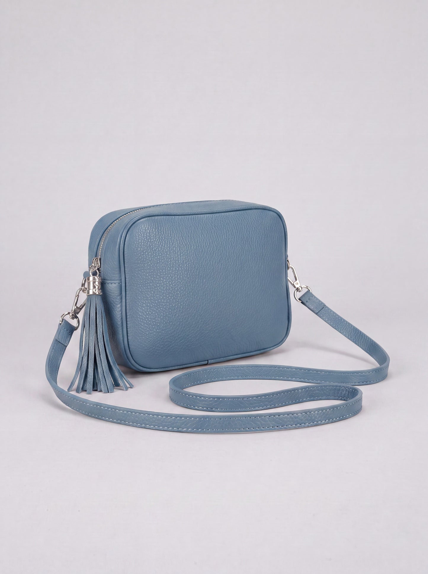 Éloise Leather Tassel Camera Bag by Clemés in Sky Blue — studio product photo