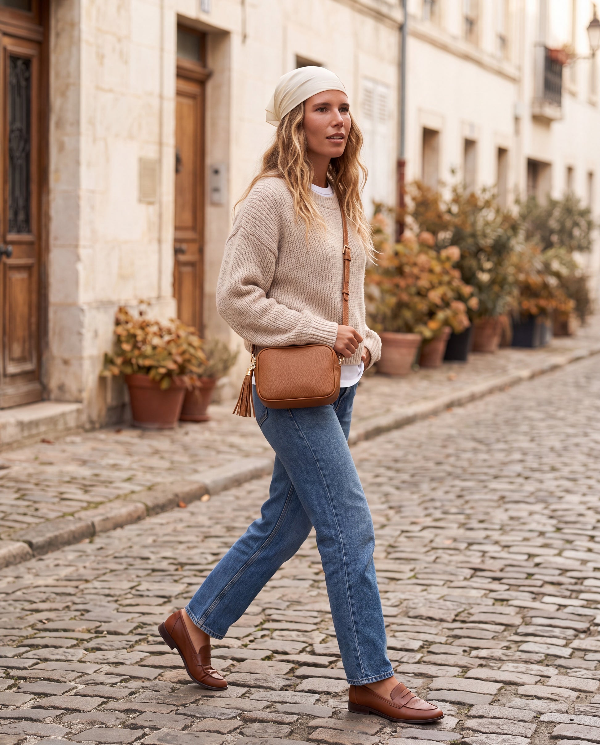 Model with the Tan Éloise Leather Tassel Camera Bag by Clemés walking a cobbled street