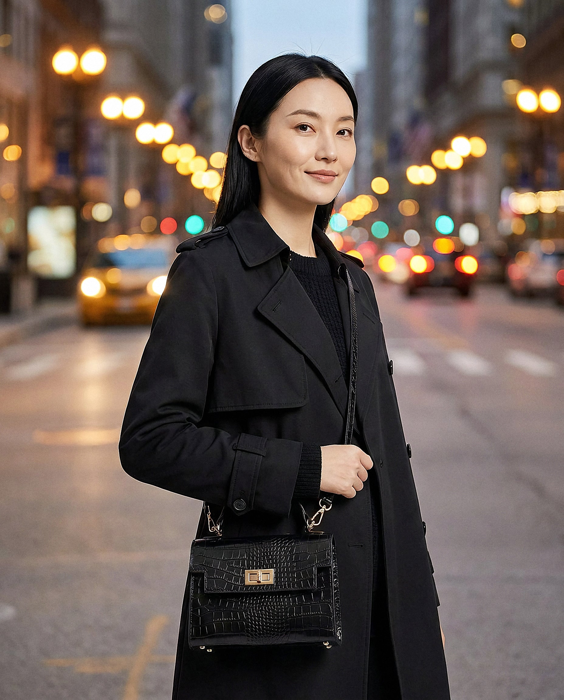 Woman with the Black Margot Croc crossbody bag on an evening city street with lights