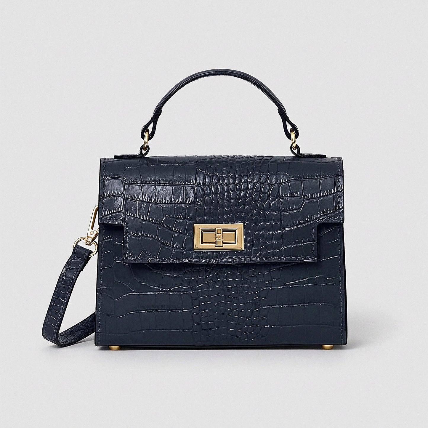 Navy Margot Croc crossbody bag, studio product photo on grey background