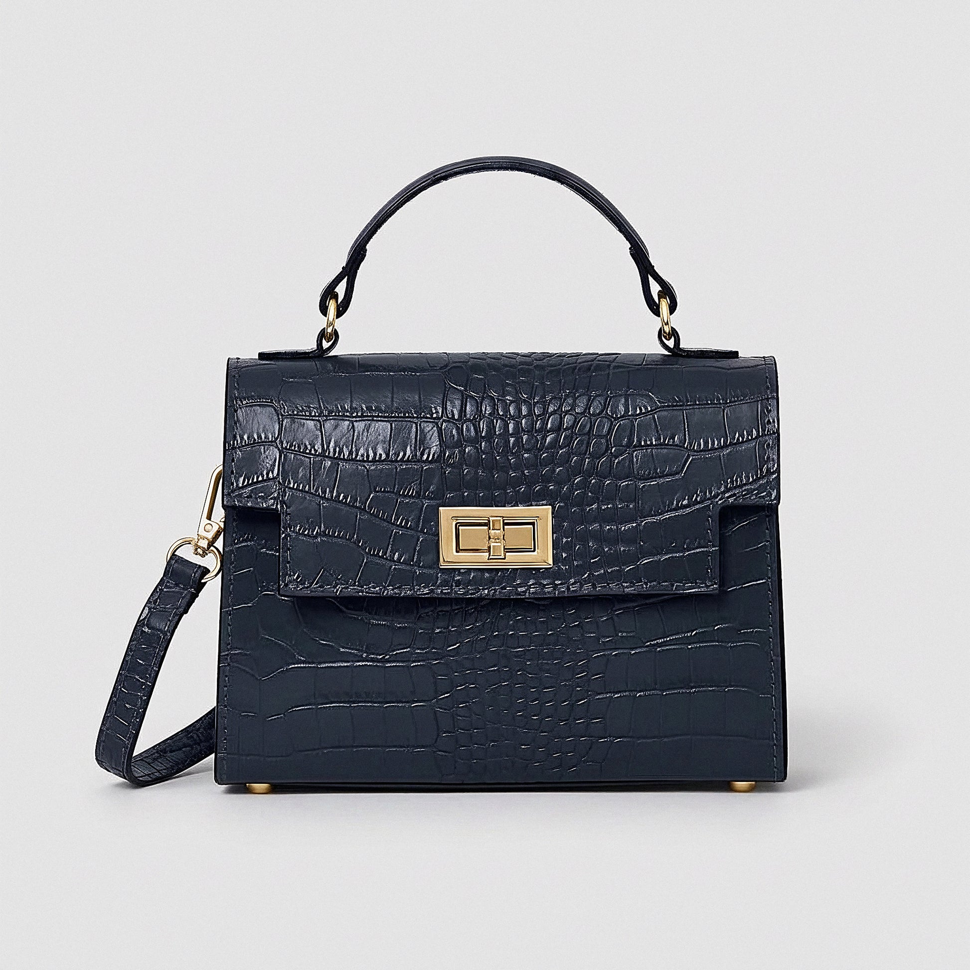 Navy Margot Croc crossbody bag, studio product photo on grey background