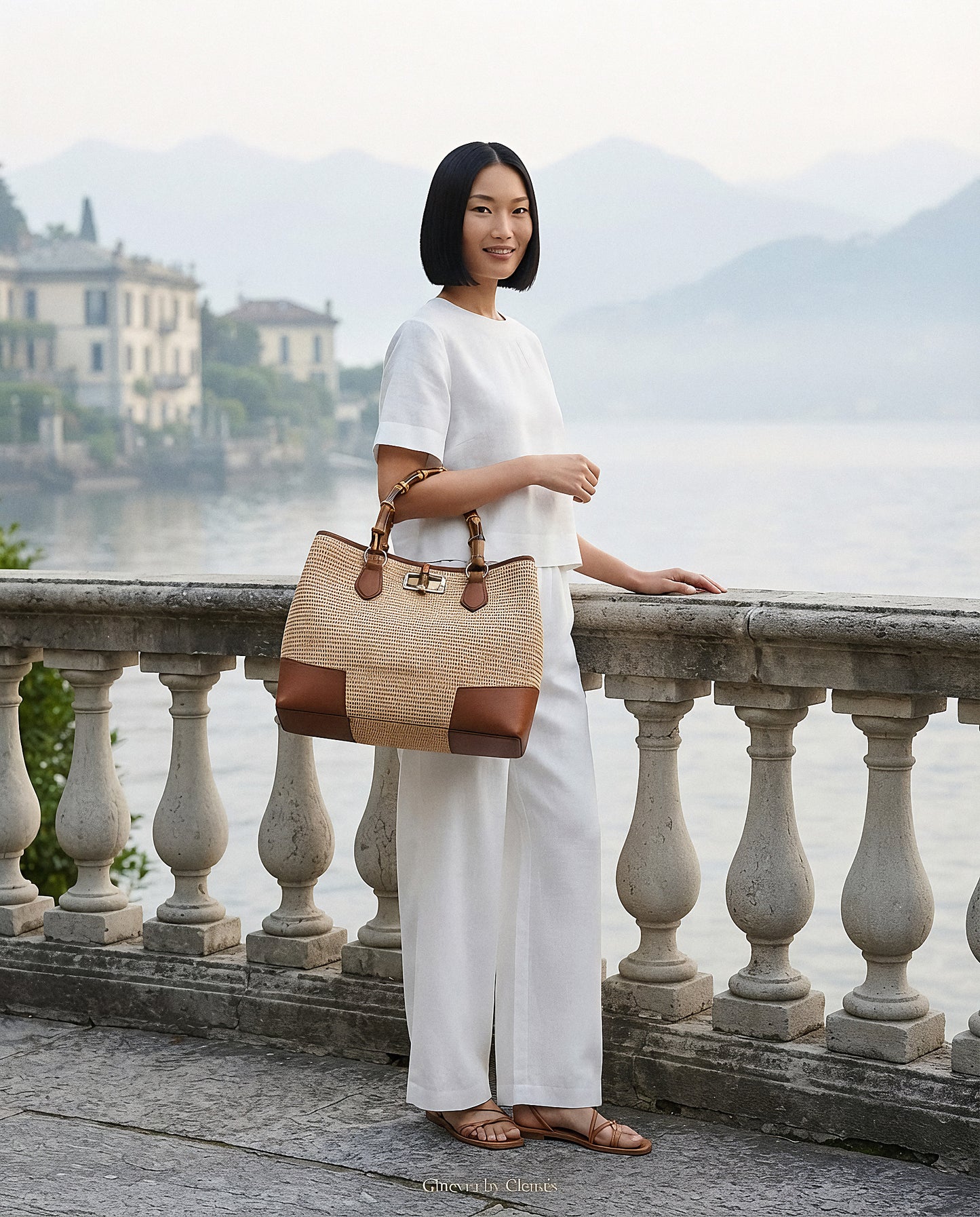 Woman with the Cognac Ginevra bag on a Lake Como lakeside terrace, Italy