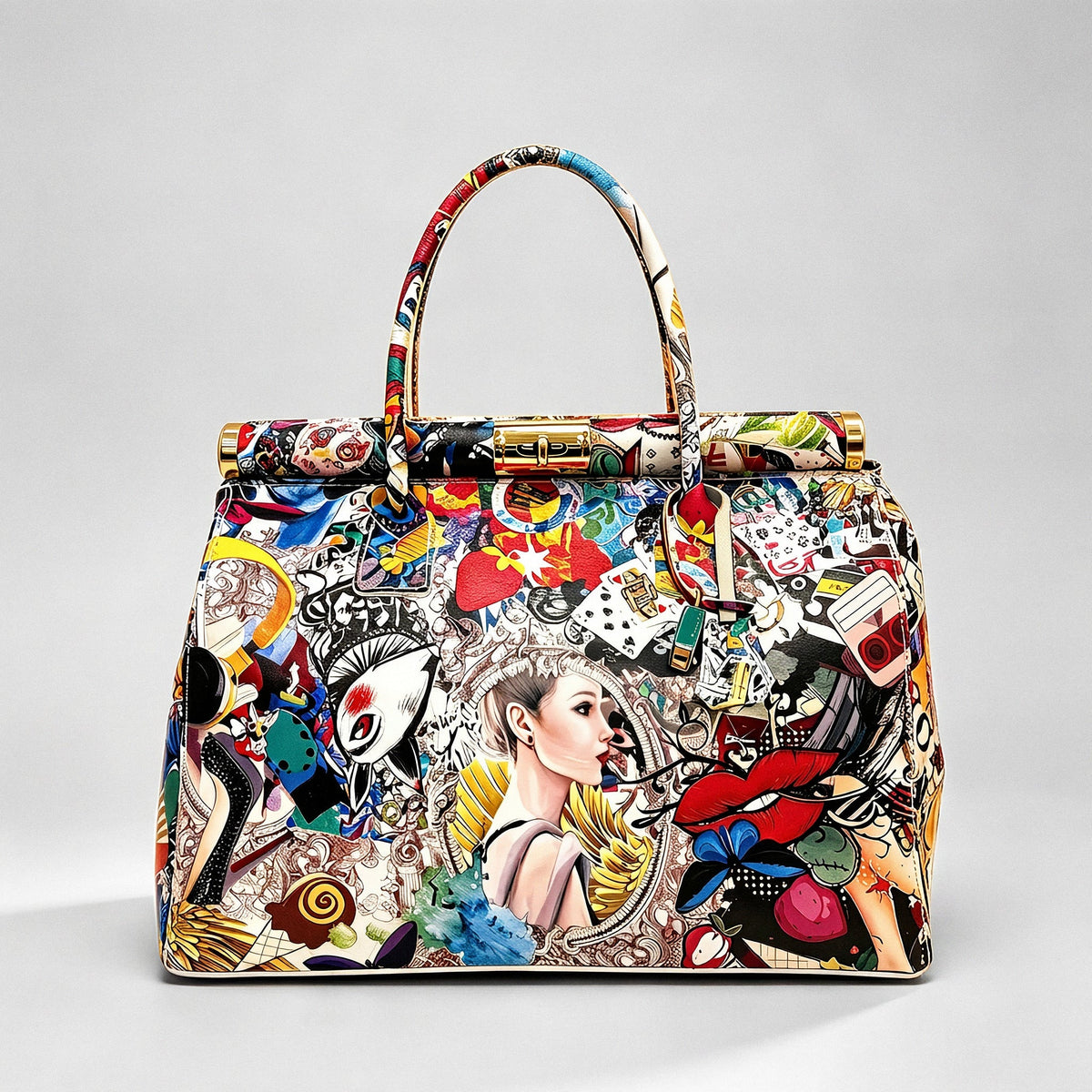Dalia Vogue leather top-handle bag - pop-art collage print
