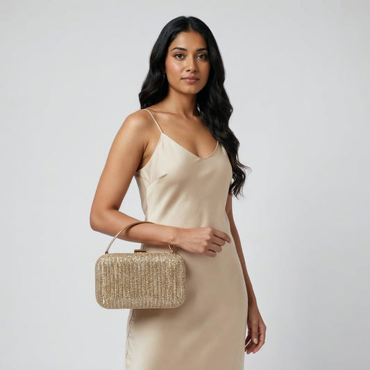 Model with the Gold Odette Crystal Minaudière Clutch under her arm, studio shot