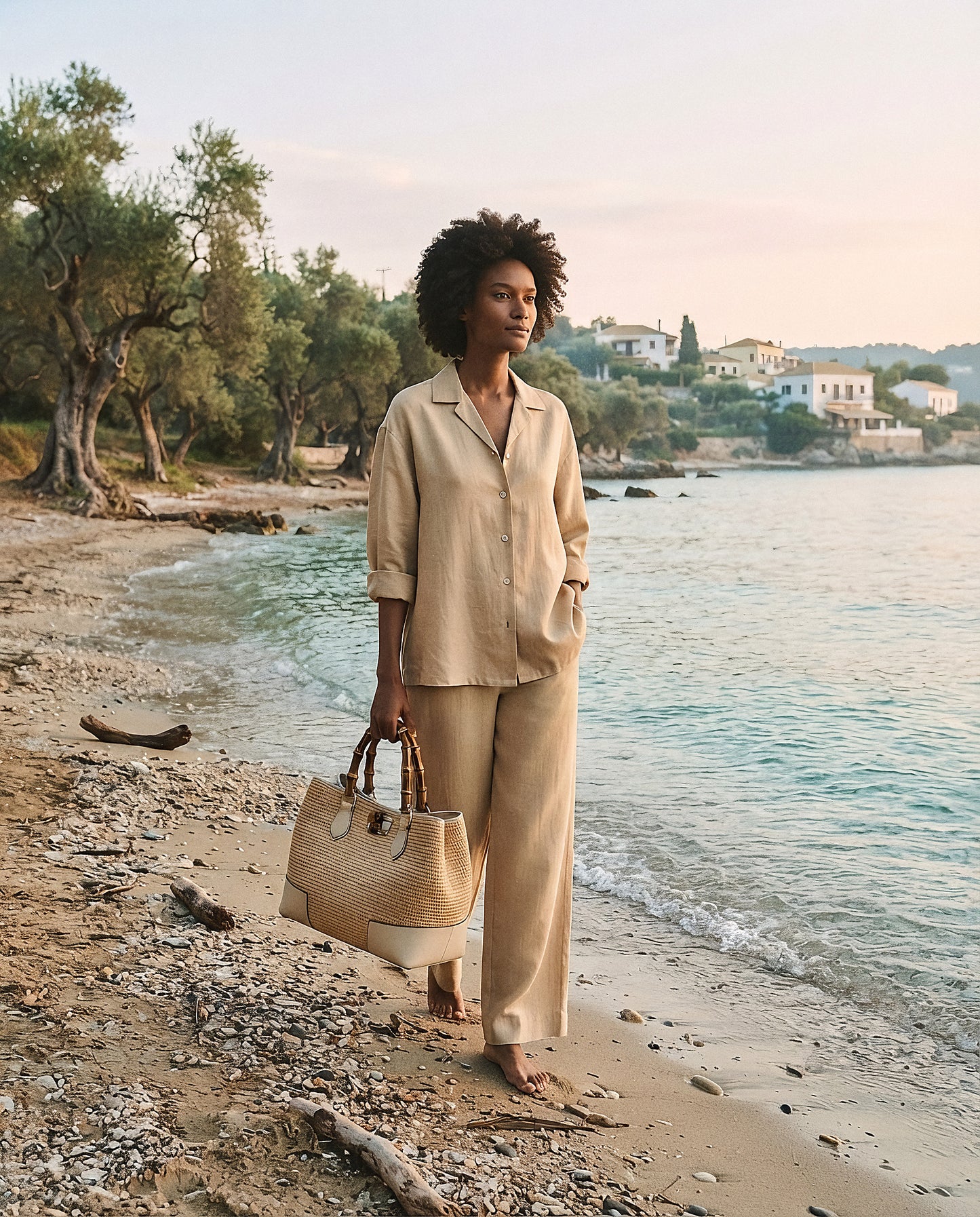 Woman with the Oyster Ginevra bag walking on a Corfu beach lined with olive trees, Greece