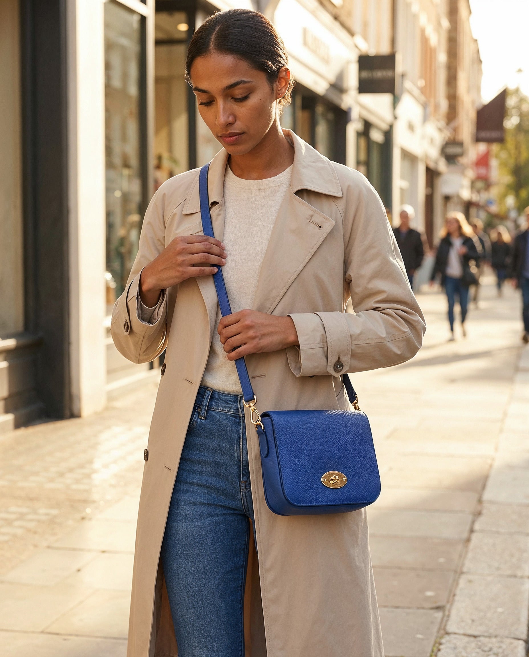 Woman carrying the Royal Blue Chiara crossbody bag on a sunlit shopping street