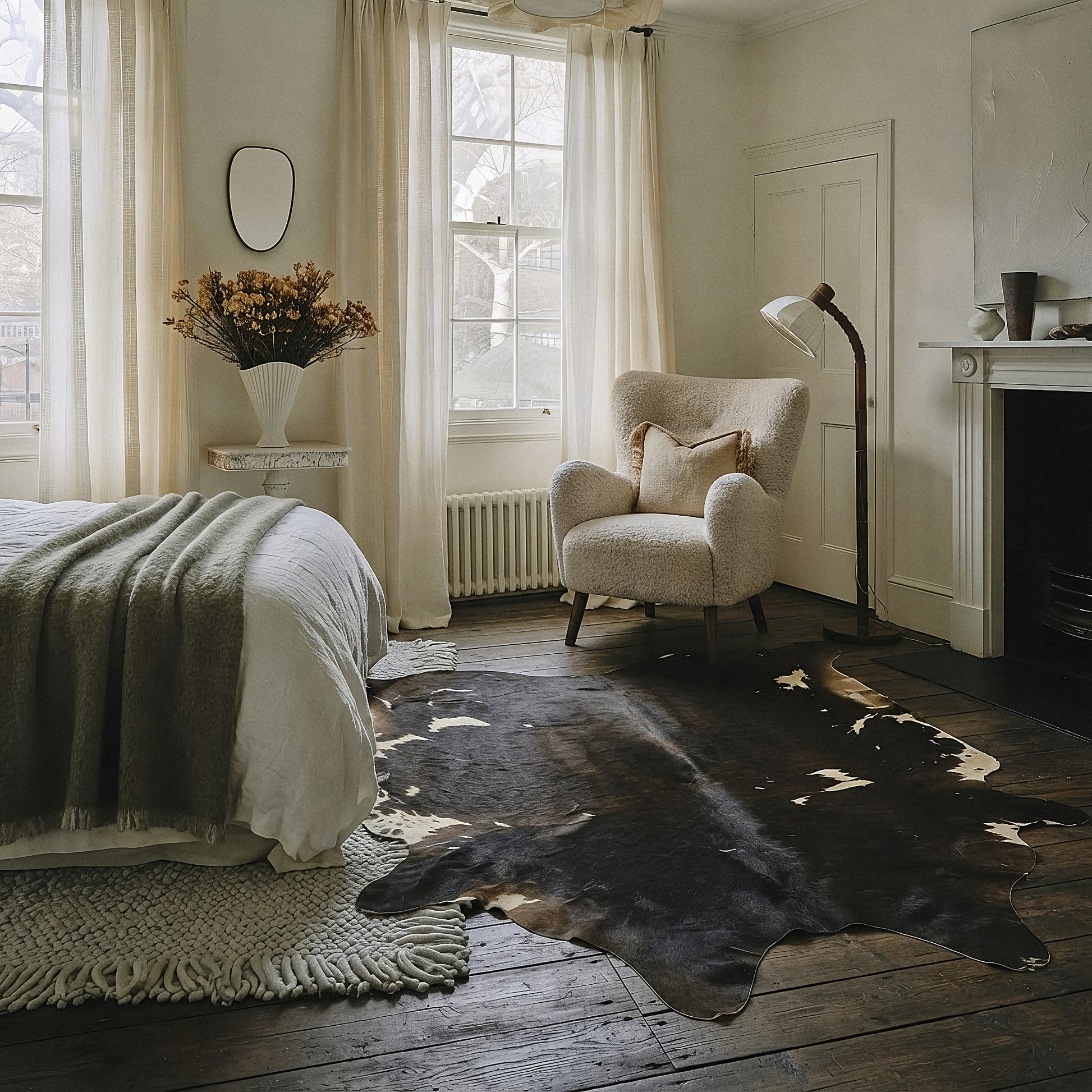 Black and white cowhide rug styled on the floor of a warm neutral bedroom