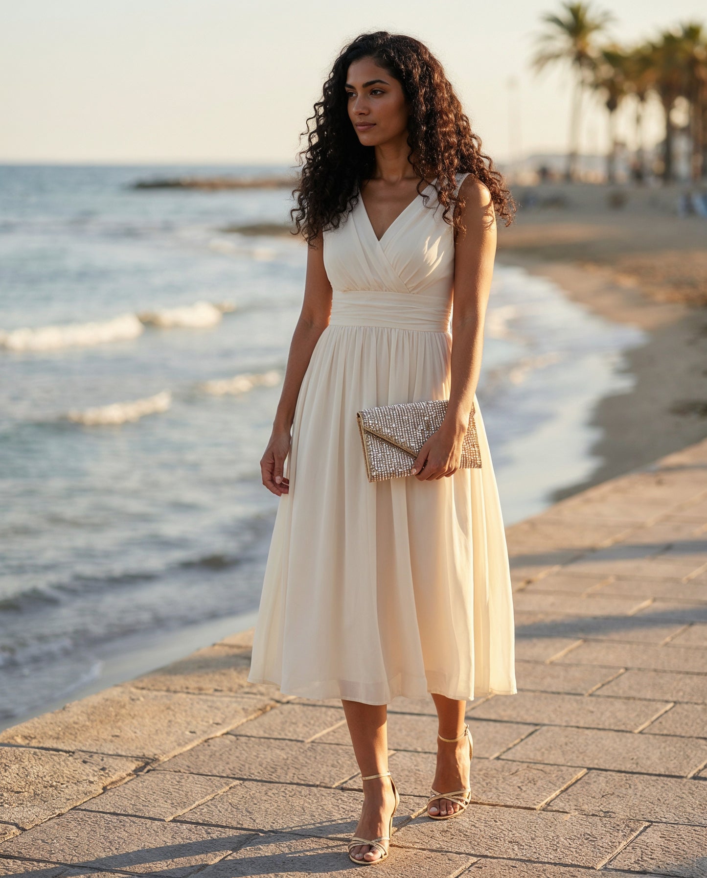 Woman with the Gold Perlette Pearl & Crystal Envelope Clutch on a seaside promenade at golden hour