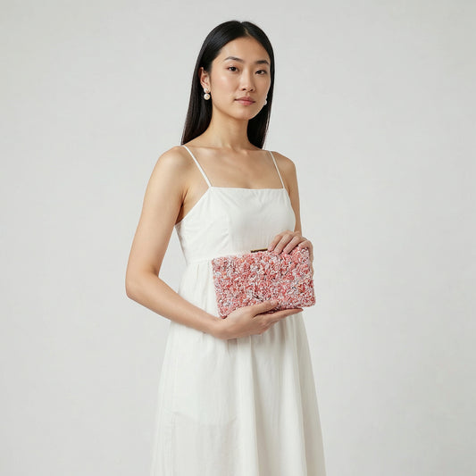 Model holding the Lilac Gemma Natural Stone Box Clutch in both hands at waist level, studio shot