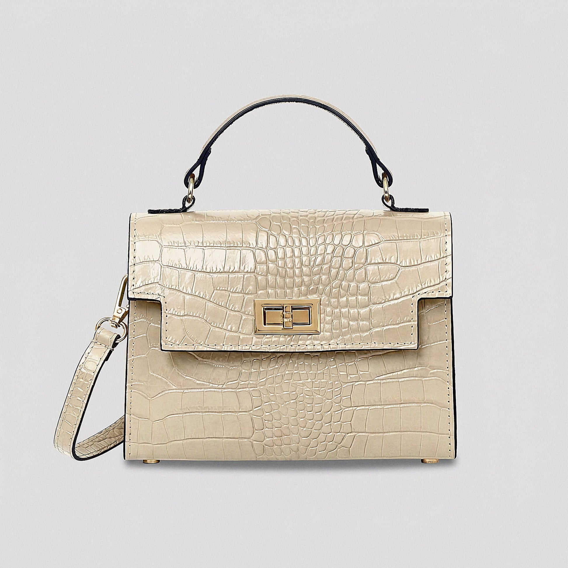 Ivory Margot Croc crossbody bag, studio product photo on grey background