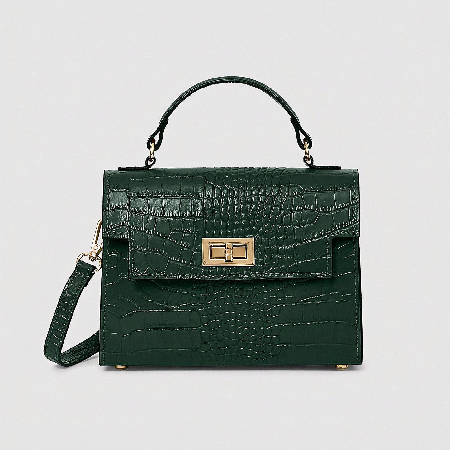 Forest Green Margot Croc crossbody bag, studio product photo on grey background