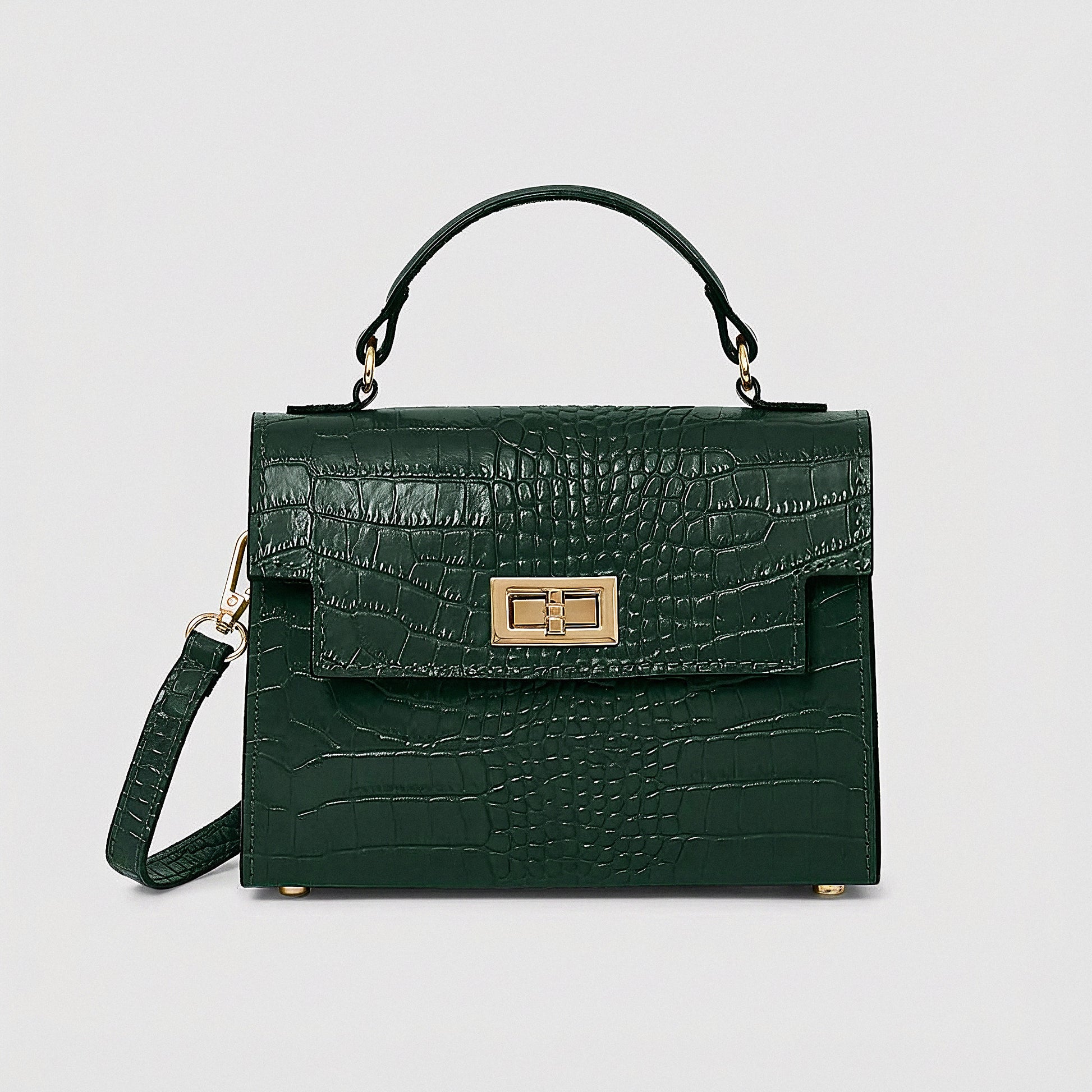 Forest Green Margot Croc crossbody bag, studio product photo on grey background