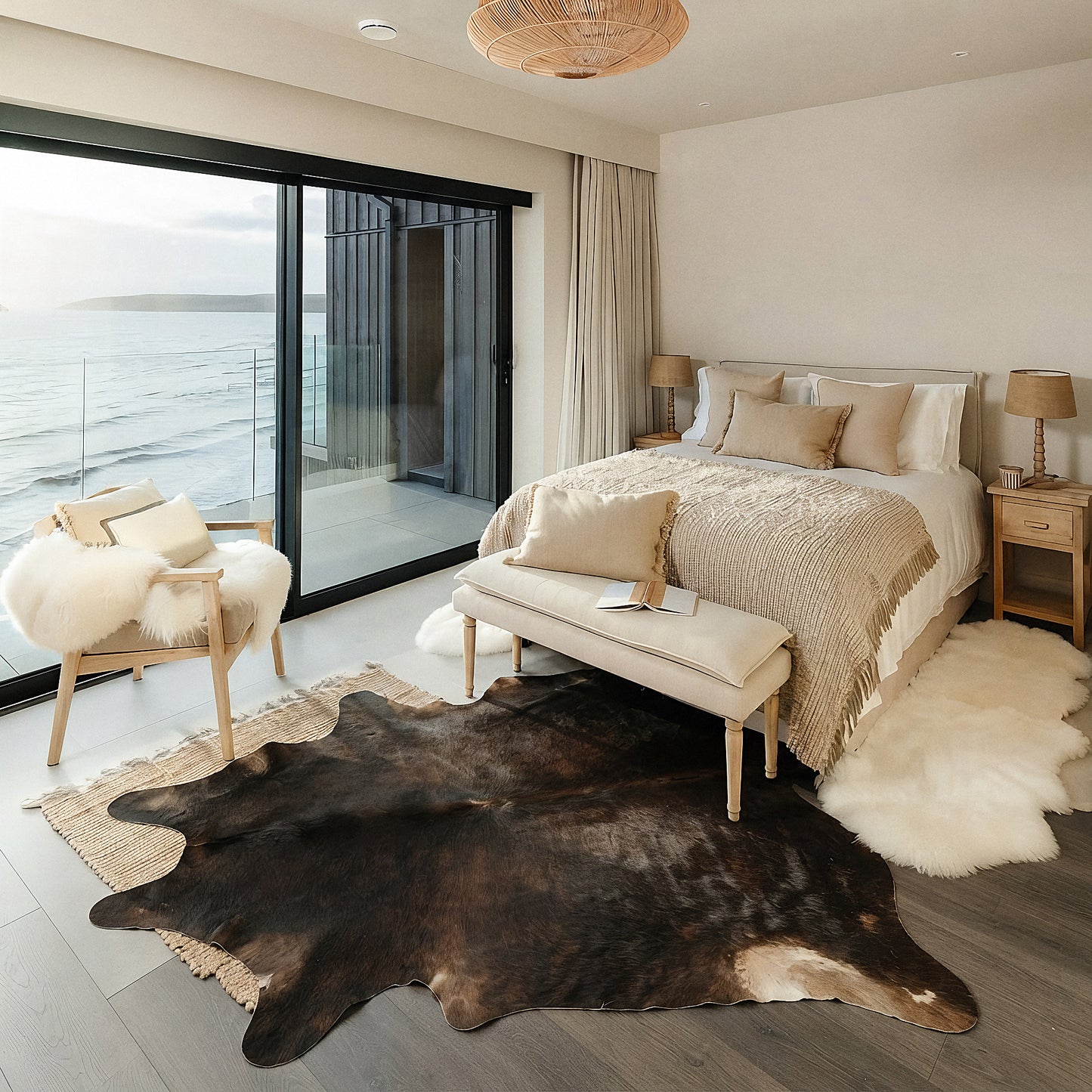 Dark chocolate cowhide rug styled on the floor of a coastal ocean-view bedroom