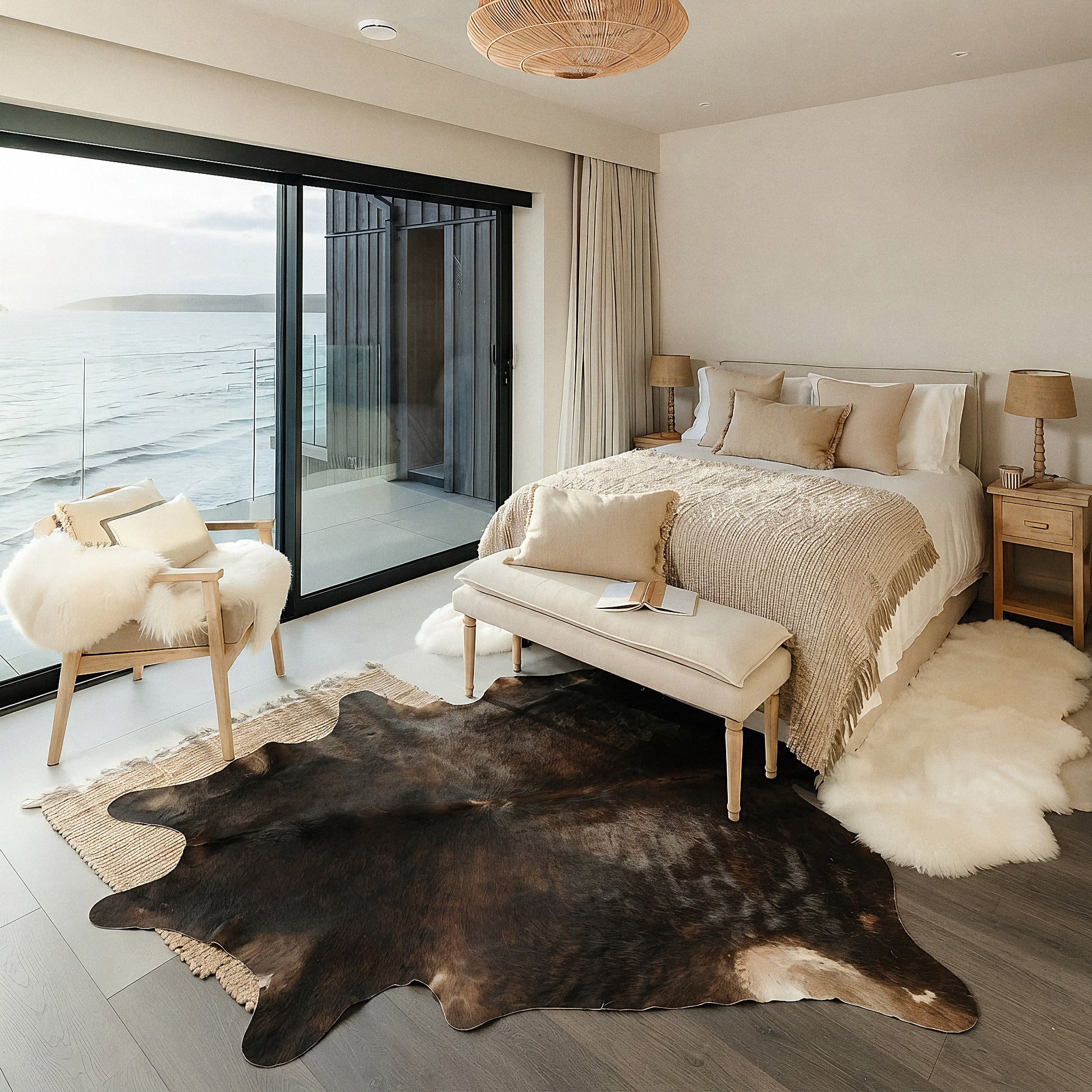 Dark chocolate cowhide rug styled on the floor of a coastal ocean-view bedroom