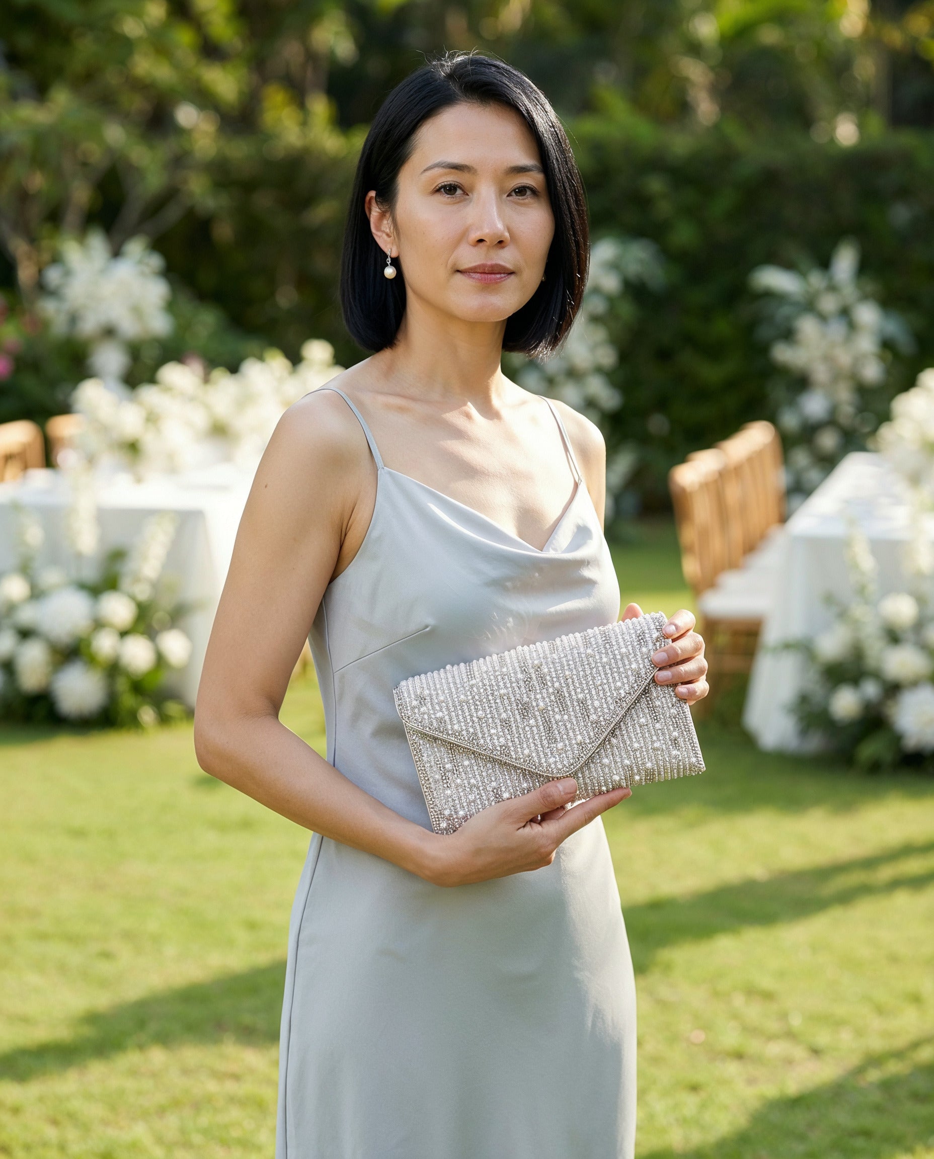 Woman with the Silver Perlette Pearl & Crystal Envelope Clutch at a garden wedding