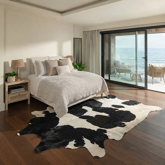 Black and white cowhide rug in a coastal ocean-view bedroom