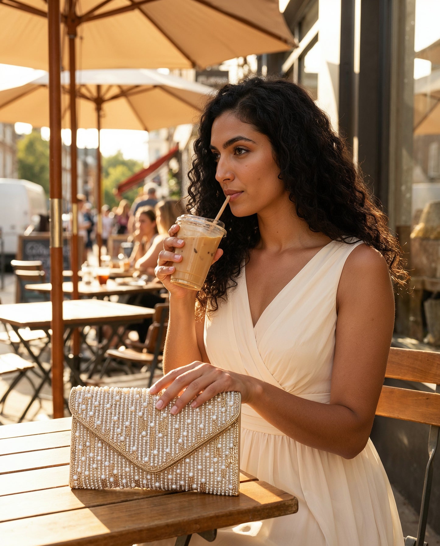 Woman with the Gold Perlette Pearl & Crystal Envelope Clutch at a golden café terrace