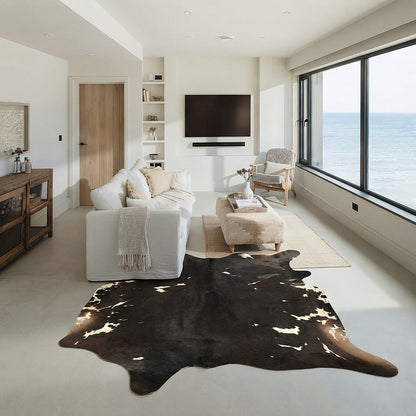 Black and white cowhide rug styled on the floor of a coastal living room