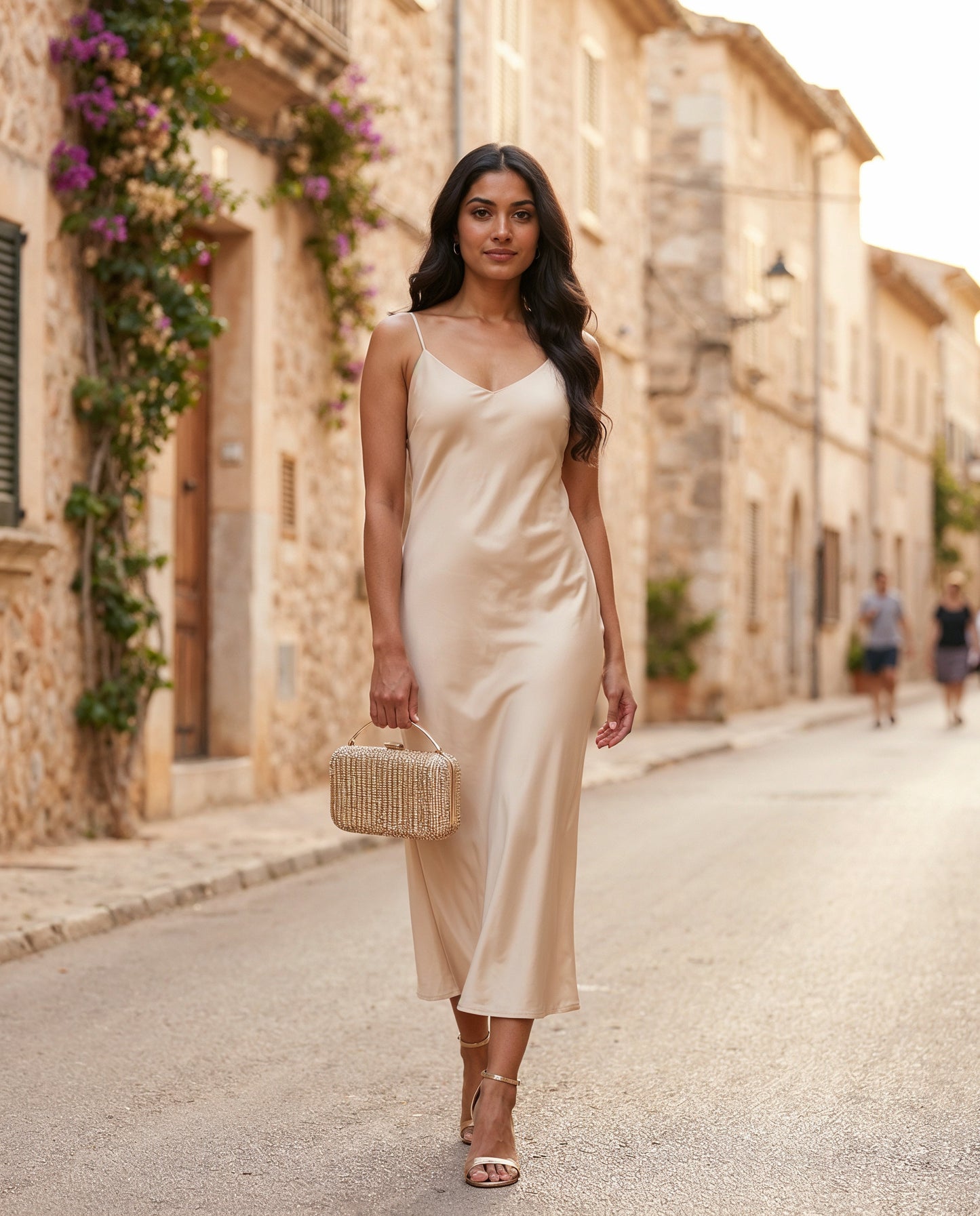 Woman carrying the Gold Odette Crystal Minaudière Clutch on a Mediterranean street in evening light