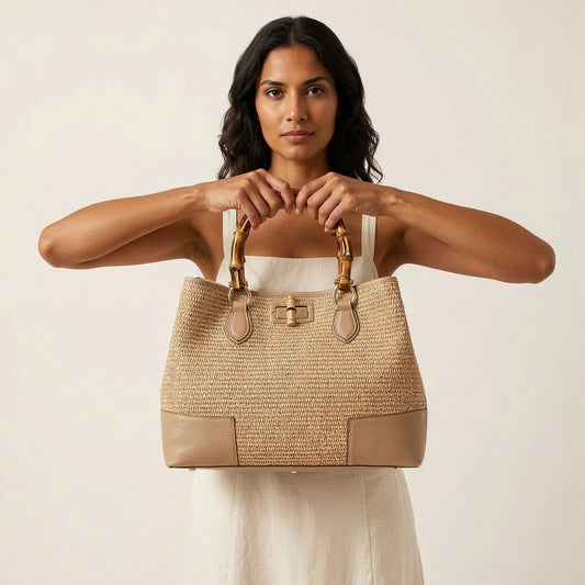 Model presenting the Light Taupe Ginevra Bamboo-Handle Raffia Bag by Clemés in both hands, studio shot