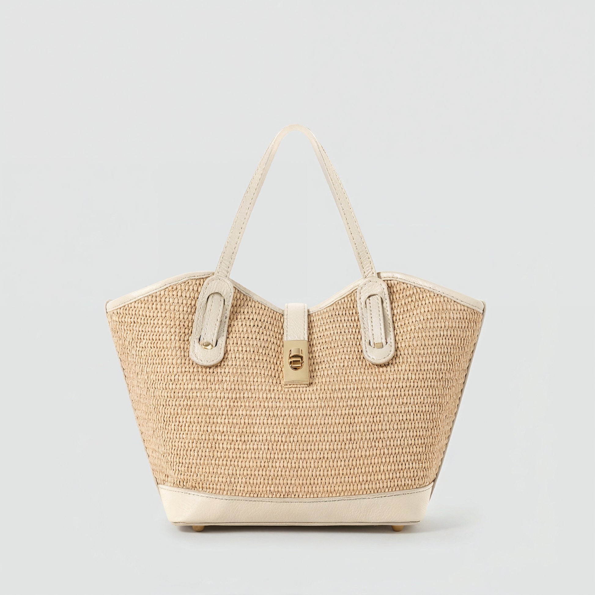 Sorrento raffia tote in Oyster, front view on a light grey studio background