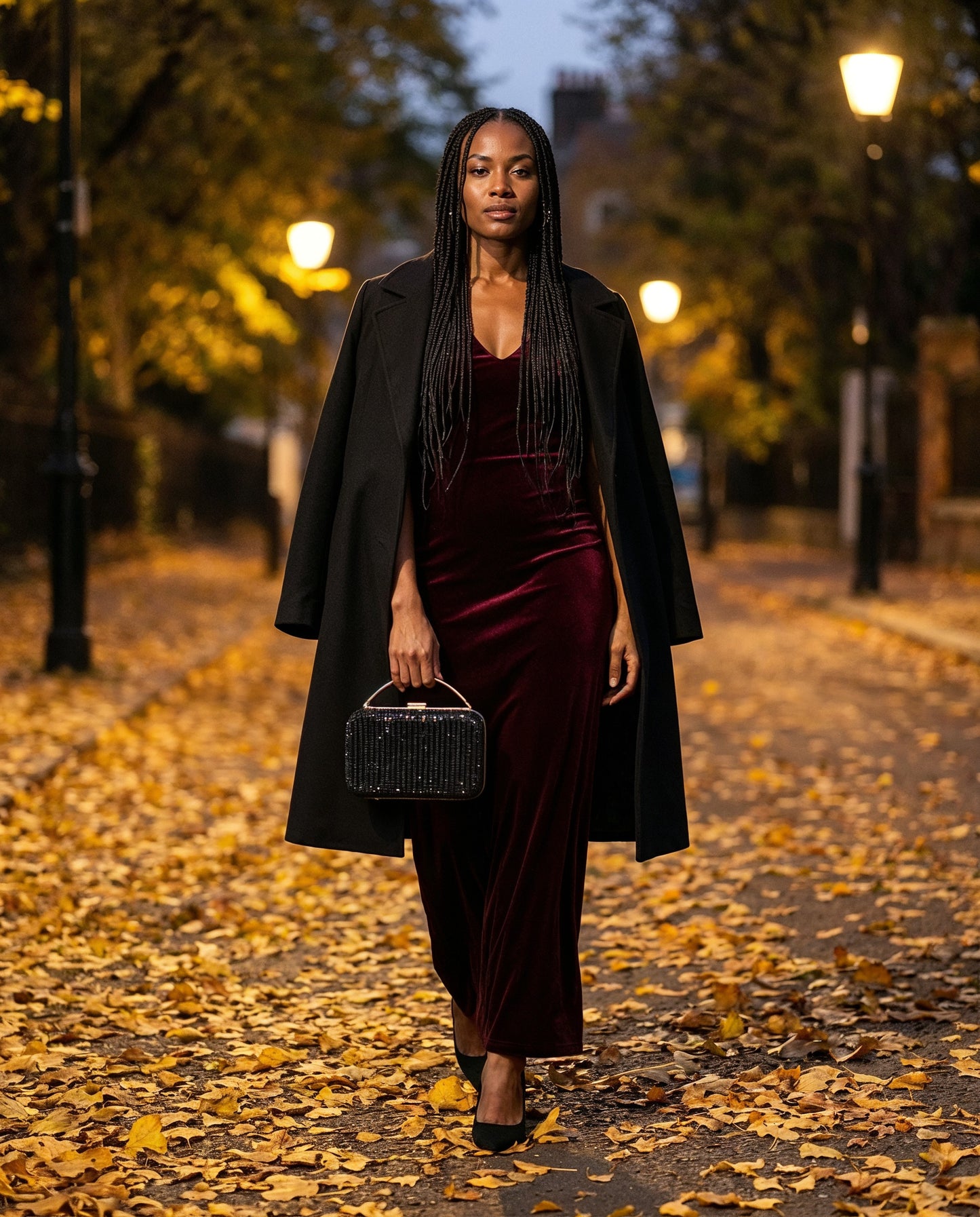 Woman carrying the Black Odette Crystal Minaudière Clutch on an autumn street at dusk