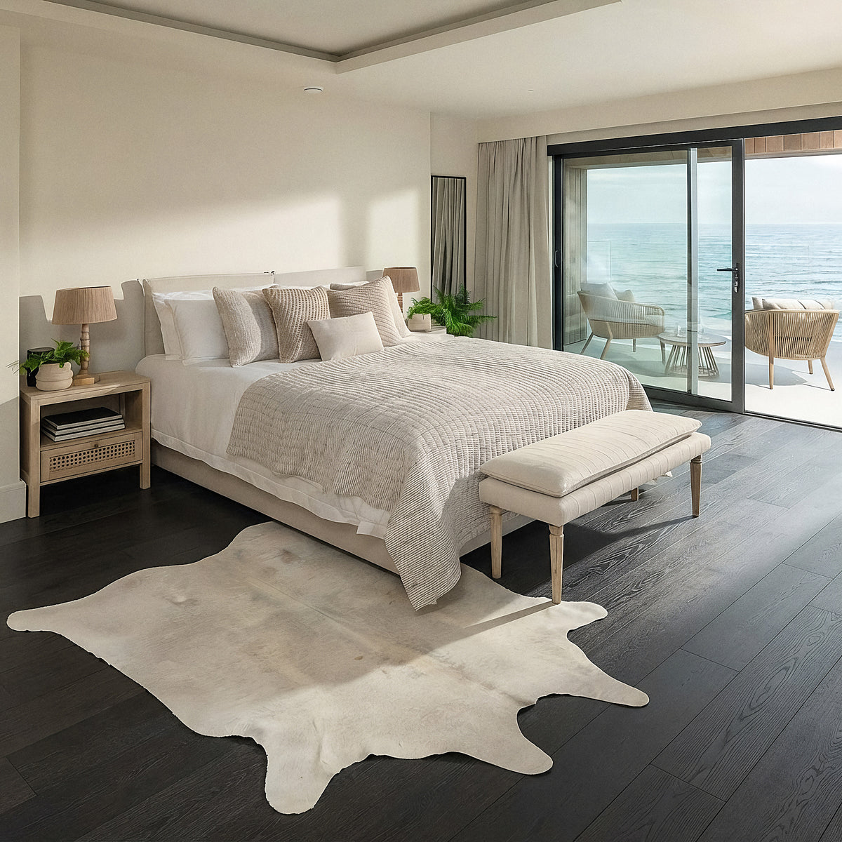 Ivory speckled cowhide rug styled on the floor of a coastal ocean-view bedroom