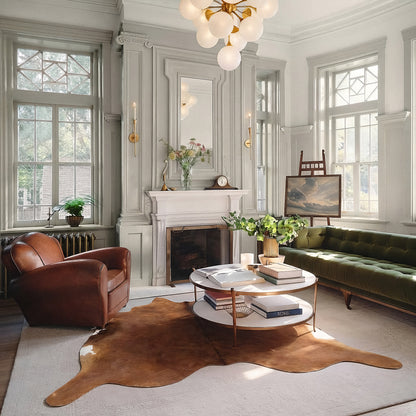 Chestnut brown cowhide rug in a bright loft living room