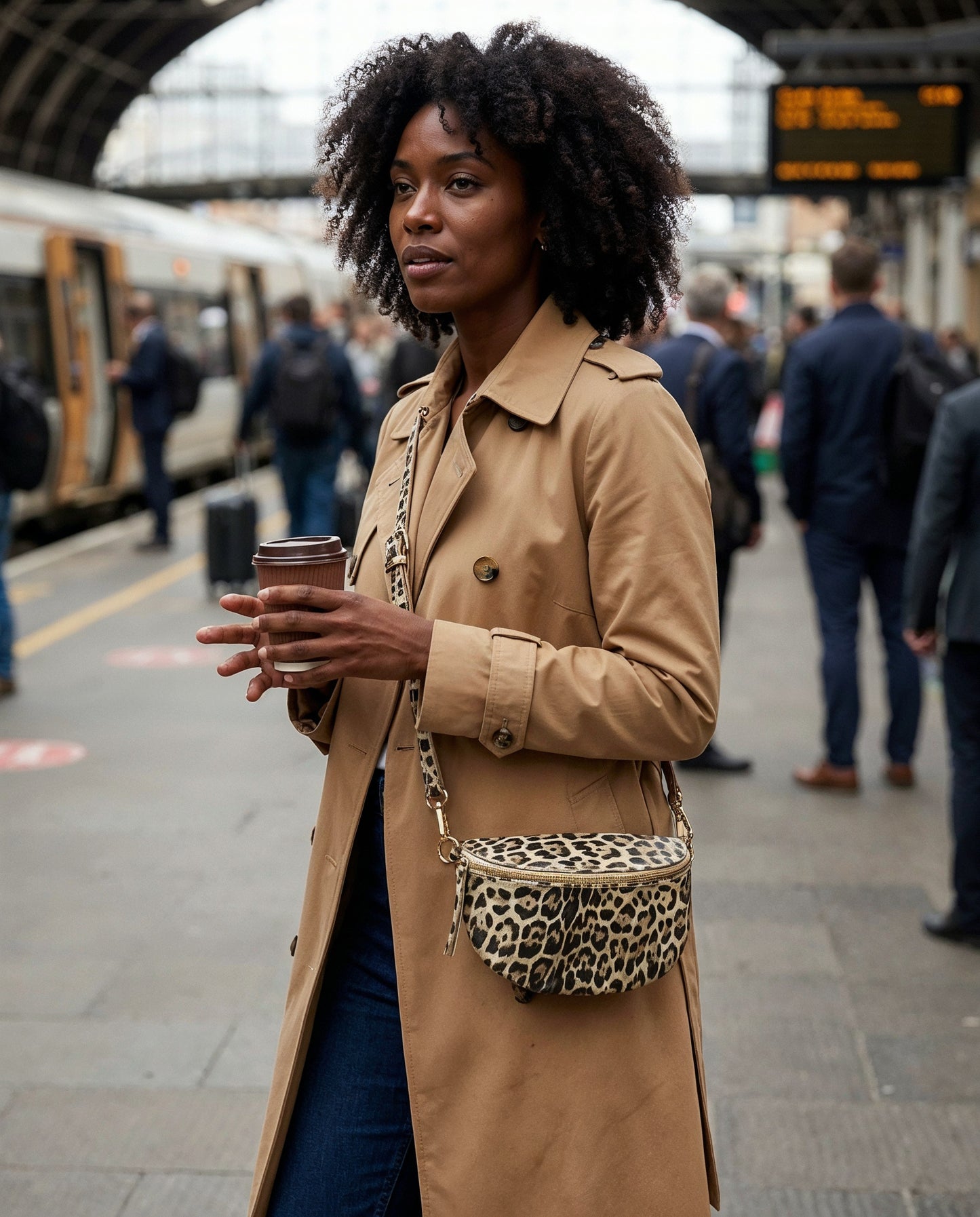 Woman with the Light Gold Leopard Romy bum bag on a train station platform