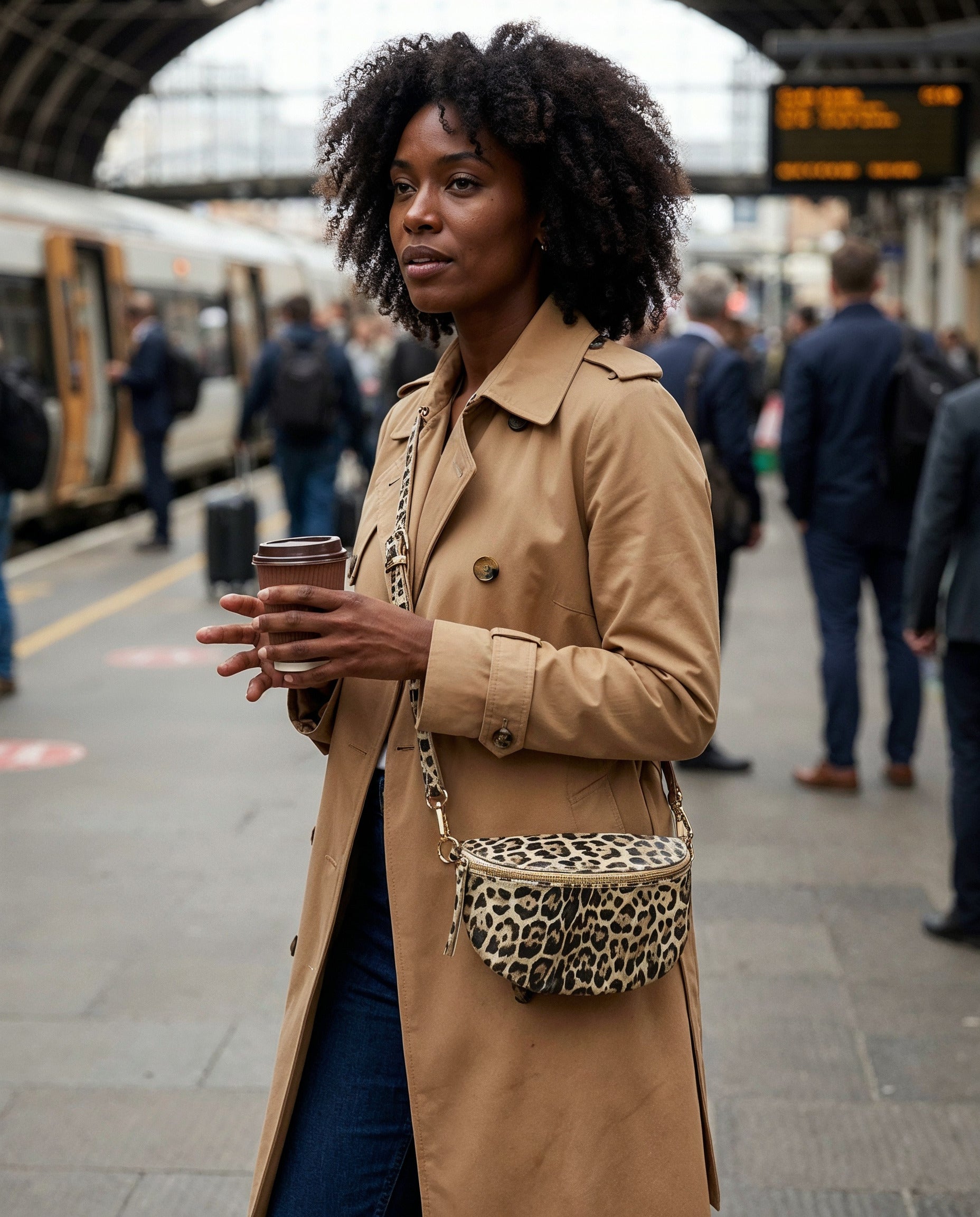 Woman with the Light Gold Leopard Romy bum bag on a train station platform
